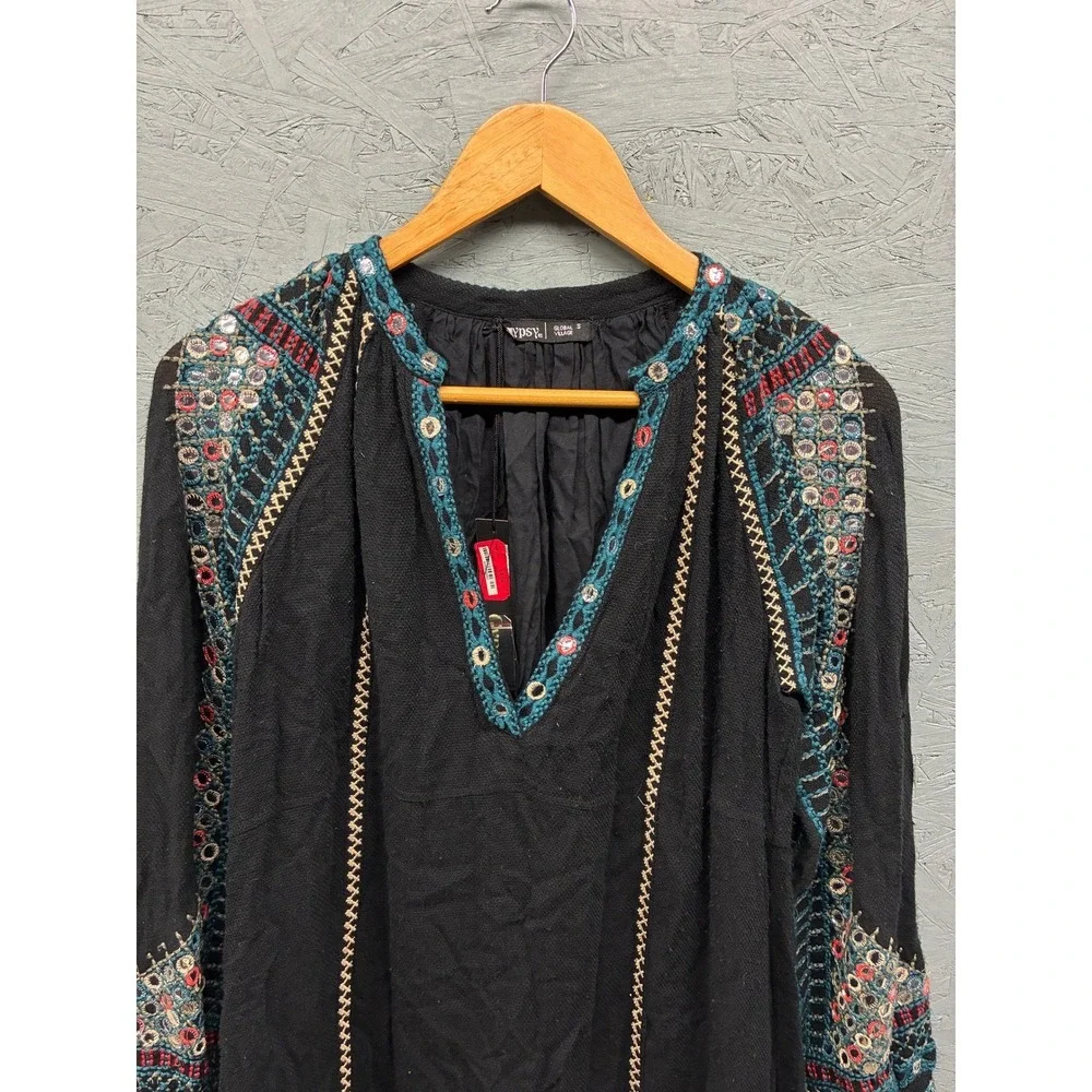Gypsy 05 Dress Womens S Bohemian Long Sleeve Embellished Raglan Tassel Hippie - Picture 2 of 10